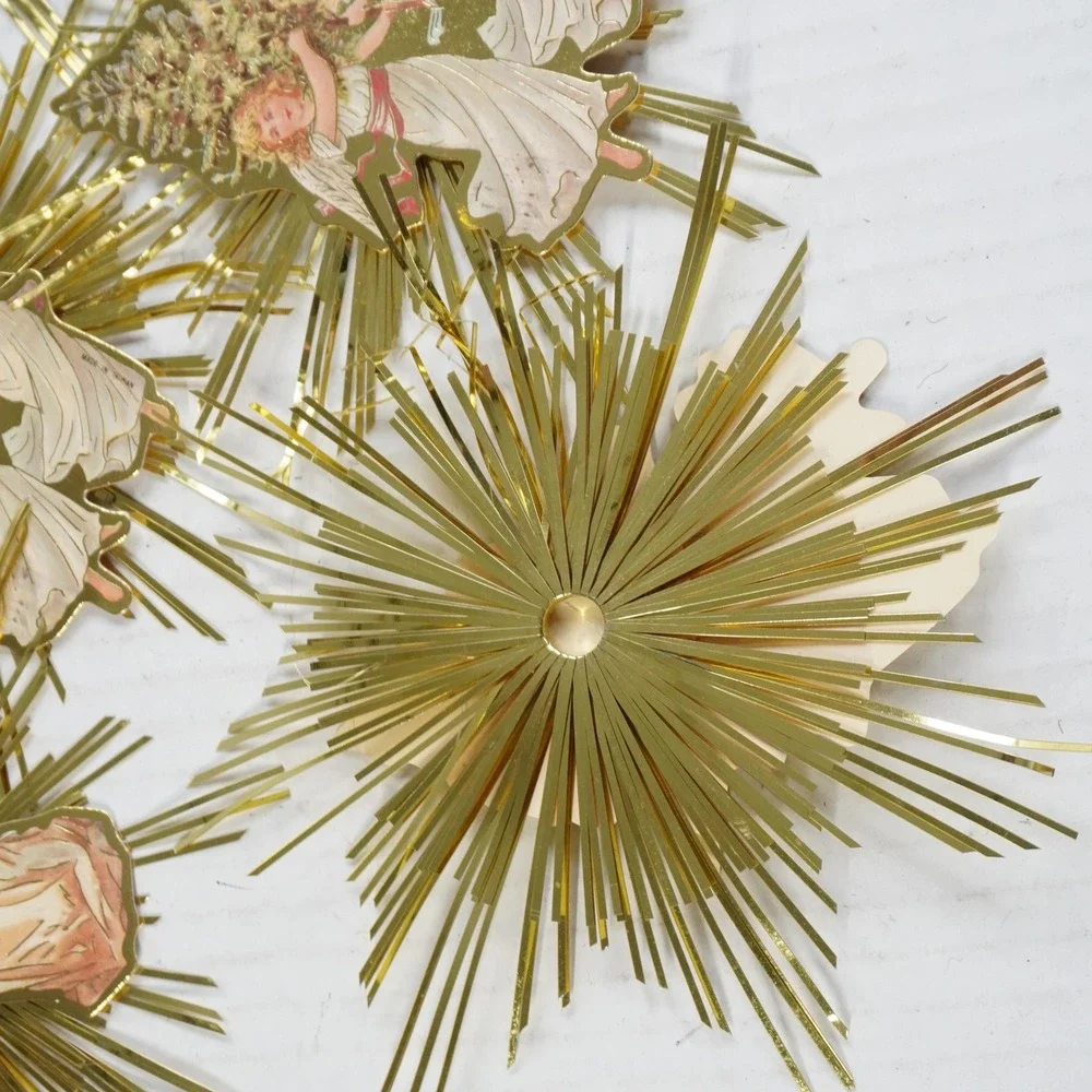 8 Vintage Victorian‎ Style Gold Foil Starburst Angel Paper Christmas Ornaments